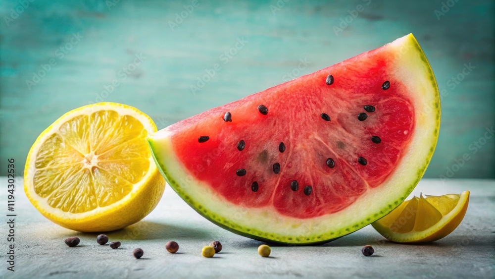 Aufkleber a vibrant summer still life featuring a juicy watermelon slice and a zesty lemon half, arranged on a