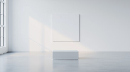 Minimalist Gallery Mockup: A clean, white canvas with subtle light from the window illuminates a simple pedestal, offering a versatile background for showcasing your artwork or product.