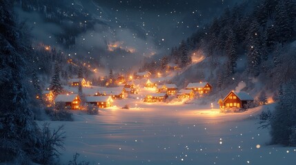 Obraz premium Enchanted Winter Village: A Snowy Night in the Mountains