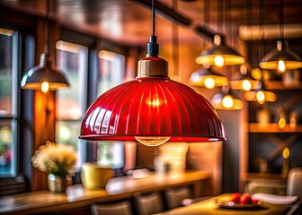 Mid-century modern pendant lamp, vibrant red enamel shade, 1950s style, retro vintage hanging light.