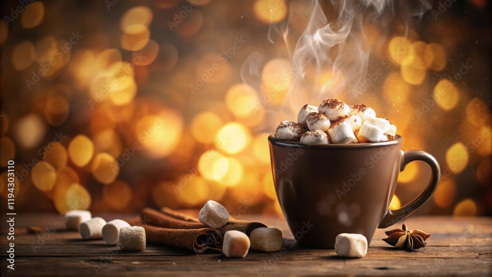 Poster warm, comforting mug of hot cocoa with marshmallows and cinnamon sticks on a rustic wooden surface, 