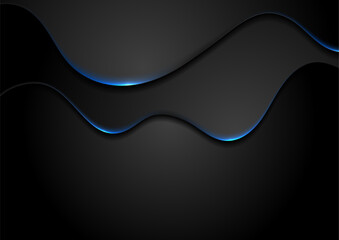 Black smooth elegant waves with blue neon light abstract background. Vector design
