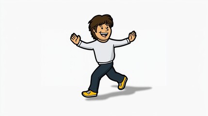 Clip art illustration of a smiling happily young adult wearing grey pants and sweatshirt and yellow shoes. Full body animated character of a teen guy. Energetic movement of a youngster. Dancing man