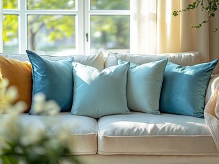 Comfortable sofa with decorative pillows in a bright living room