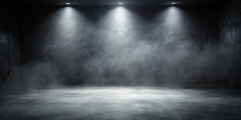 Dark Room with Fog and Three Spotlights on a Concrete Floor and Wall