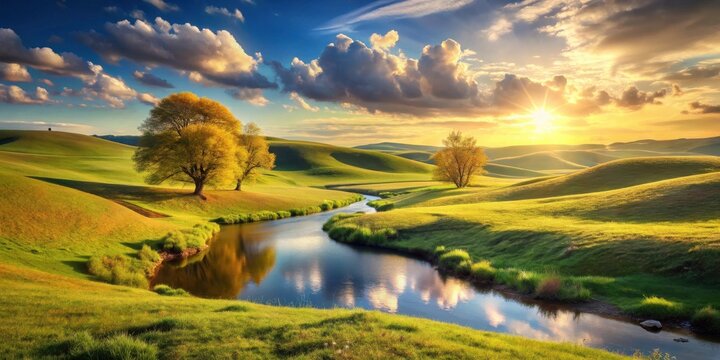 Serene sunset landscape featuring a meandering river, rolling green hills, and golden-leafed trees