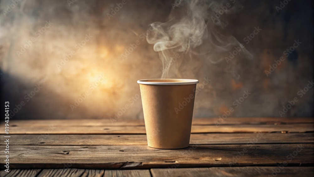 Aufkleber a steaming cup of hot beverage sits on a rustic wooden table against a blurred background