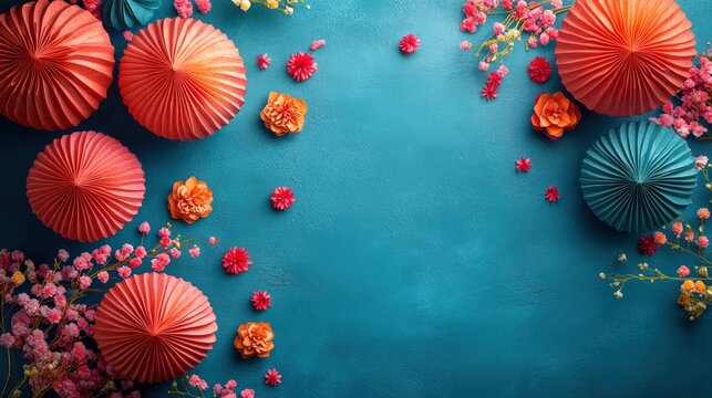 Bright blue background featuring a beautifully crafted paper lantern, surrounded by colorful firecrackers and auspicious decorations, symbolizing joy and celebration.