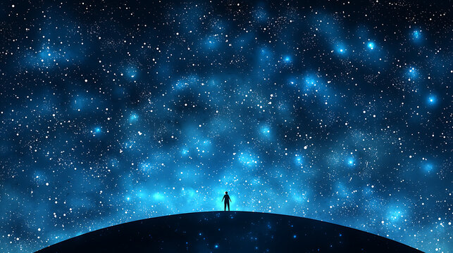 person standing on hilltop under starry sky, gazing at cosmos. vastness of space evokes sense of wonder and exploration
