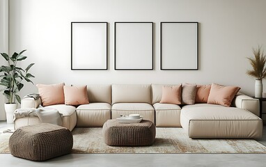 Modern beige sectional sofa in living room, three frames above, home decor