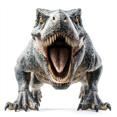 Fototapeta premium Roaring T-Rex dinosaur isolated on white background, prehistoric predator