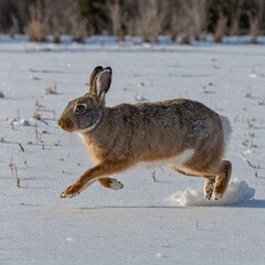 Obraz premium A snowshoe hare hopping across a frozen meadow, leaving a trail of tiny footprints.