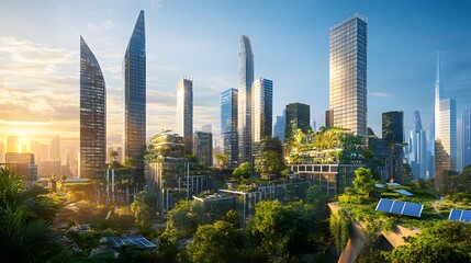 Obraz premium Modern Eco City Skyline At Sunset With Lush Greenery