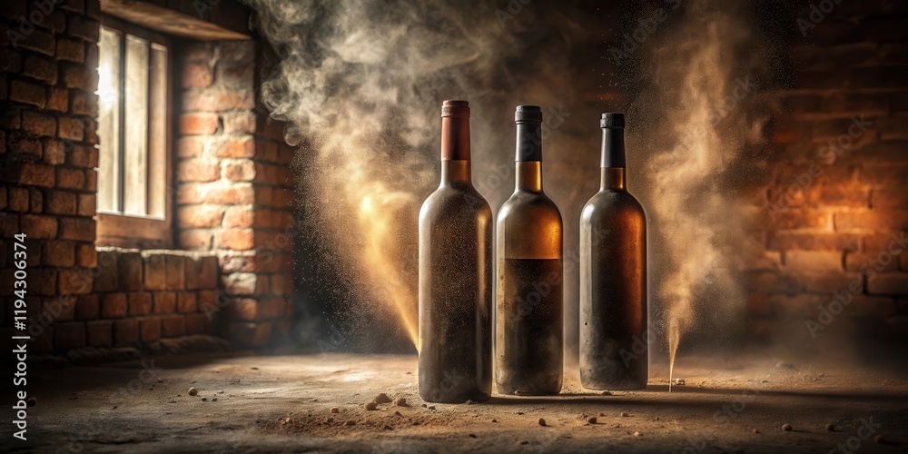 Poster Three wine bottles in a rustic cellar setting with dust particles suspended in the air
