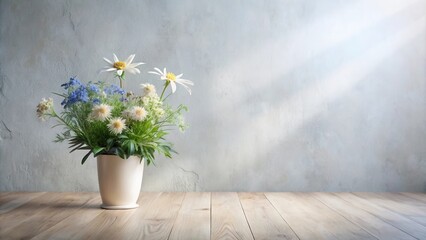 Serene floral arrangement in a simple vase on a wooden surface against a textured wall