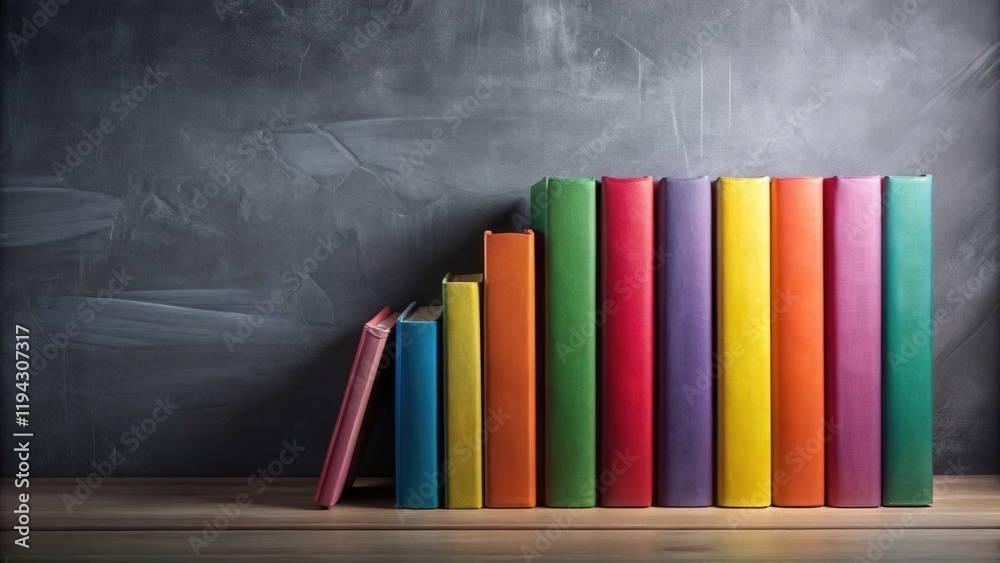 Poster a colorful collection of books arranged on a wooden shelf against a dark gray chalkboard background