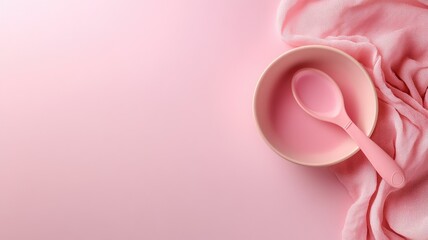 Fototapeta premium Pink bowl and spoon on soft pink fabric