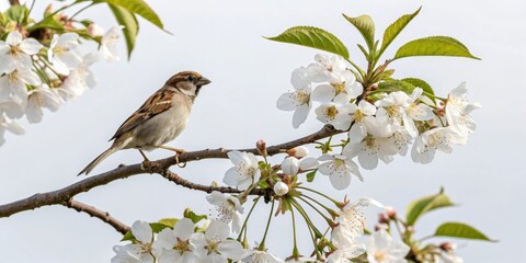 Fototapeta premium A small sparrow sits on the edge of a branch of a blooming sakura with delicate white petals and green leaves, avian observer, blossoming sakura, sakura blossom