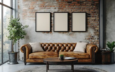 Leather sofa in industrial loft, three frames, plants.  Interior design mockup