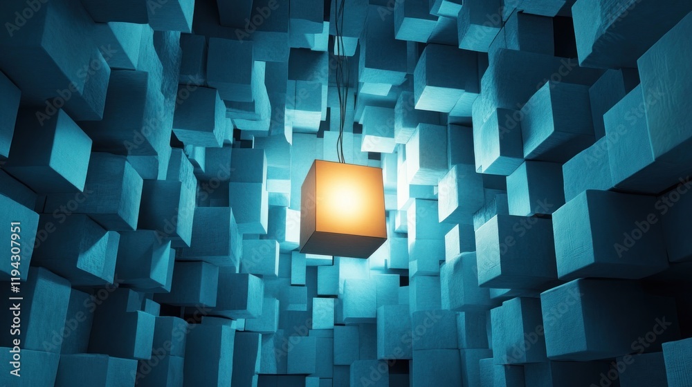 Wall mural A glowing cube suspended in a maze of blue blocks, creating a surreal atmosphere.