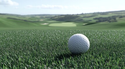 Close-Up of Golf Ball on Pristine Fairway with Rolling Hills in the Background - Ideal for Sports and Recreation Themes
