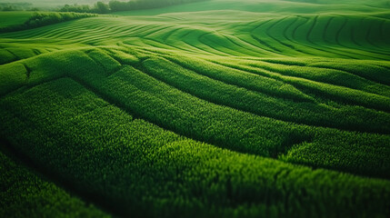 Fototapeta premium Lush green rolling hills of farmland showcase wave-like patterns at dusk