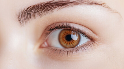 Fototapeta premium Hazel Eye Close-up: Captivating macro shot of a hazel eye, showcasing intricate details of the iris, pupil, and lashes. The warm brown tones and subtle highlights create a mesmerizing image.