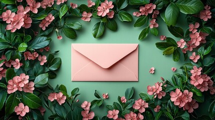 Obraz premium A serene composition featuring a pink envelope surrounded by lush green leaves and delicate pink flowers, evoking feelings of spring and tranquility, ideal for invitations or personal correspondence