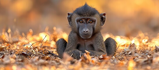 Baby baboon sitting, golden light, African savanna, wildlife photography