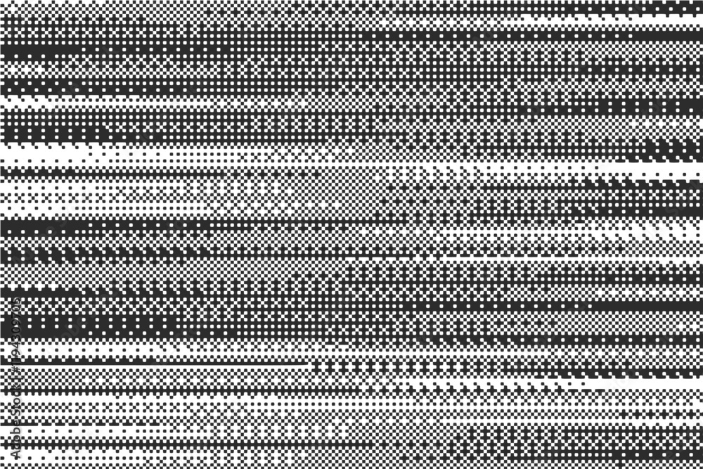 Poster Striped bitmap pattern background with pixel texture. Retro computer game graphic. Abstract noisy effect halftone digital bg. Vector glitch spackle fade wallpaper
