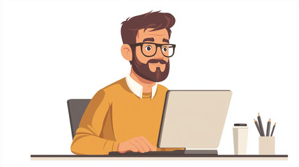 Young man working on a laptop in a cozy workspace