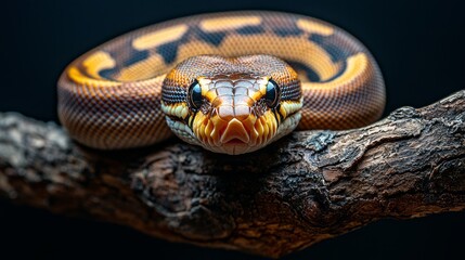 Fototapeta premium Ball python coiled on branch, dark background, reptile portrait, wildlife photography, zoological stock