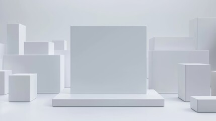 Minimalist white boxes on a soft gray backdrop.