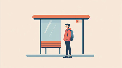 Young man waiting at a minimalist bus stop