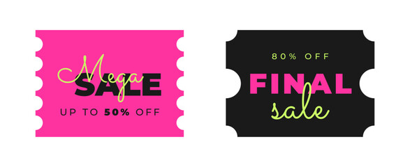 Set discount, promotion coupon templates for special offer with sale text.Concept voucher for announcement, advertising. Black, pink, yellow colors. Vector illustration isolated transparent background