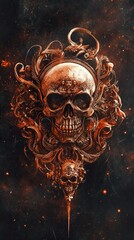Fototapeta premium Fiery Skull in Ornate Frame: Dark Fantasy Art