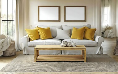 Fototapeta premium Cozy living room interior design with sofa, coffee table, and autumn decor