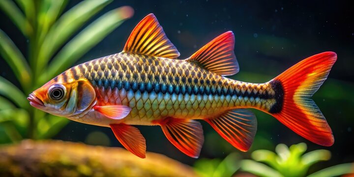 Striped Barbus Denisonii, vibrant Sahyadri fish, thrives in subtropical marine panoramas.