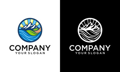 colorful mountain and waves logo icon vector