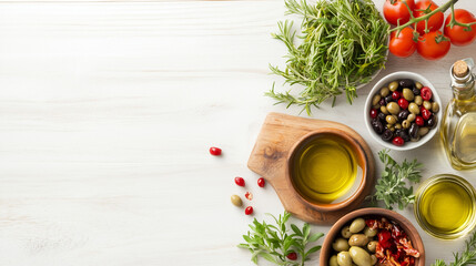 Mediterranean Diet Ingredients: A vibrant collection of fresh Mediterranean ingredients including olives, olive oil, rosemary, thyme, and cherry tomatoes arranged on a rustic wooden surface.