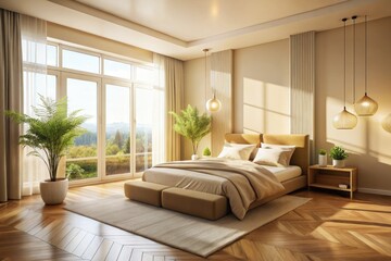 Sun-drenched cream beige bedroom, minimalist design, long exposure captures serene calmness.
