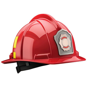 Red firefighter helmet with silver badge on a transparent background clipart