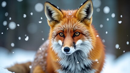 Red fox portrait winter scene snowflakes falling close