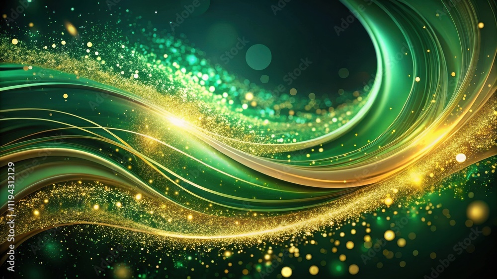 Poster Abstract Emerald and Gold Swirling Design with Sparkling Dust
