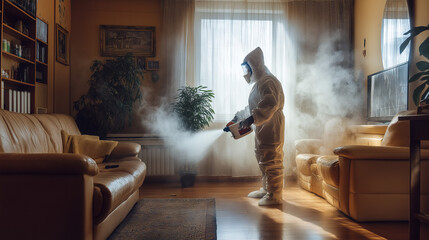 un homme en combinaison de protection vaporise l'intérieur d'un appartement avec de la vapeur pour lutter contre les punaises de lit 