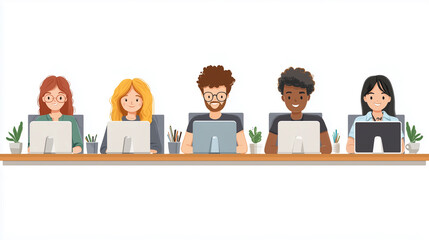 Diverse team working collaboratively at modern office desks