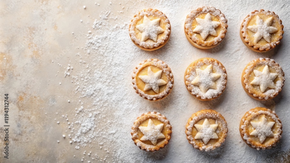 Poster a delectable arrangement of nine mini star-topped pastries dusted with powdered sugar on a textured 