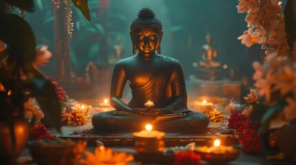 Serene Buddha Statue in a Mystical Setting