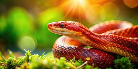 Fototapeta premium Tilt-shift photography transforms a red snake into a captivating miniature world reptile scene.
