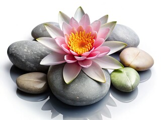 Fototapeta premium Tranquil water lilies, nestled amongst smooth stones, captured in serene macro detail.
